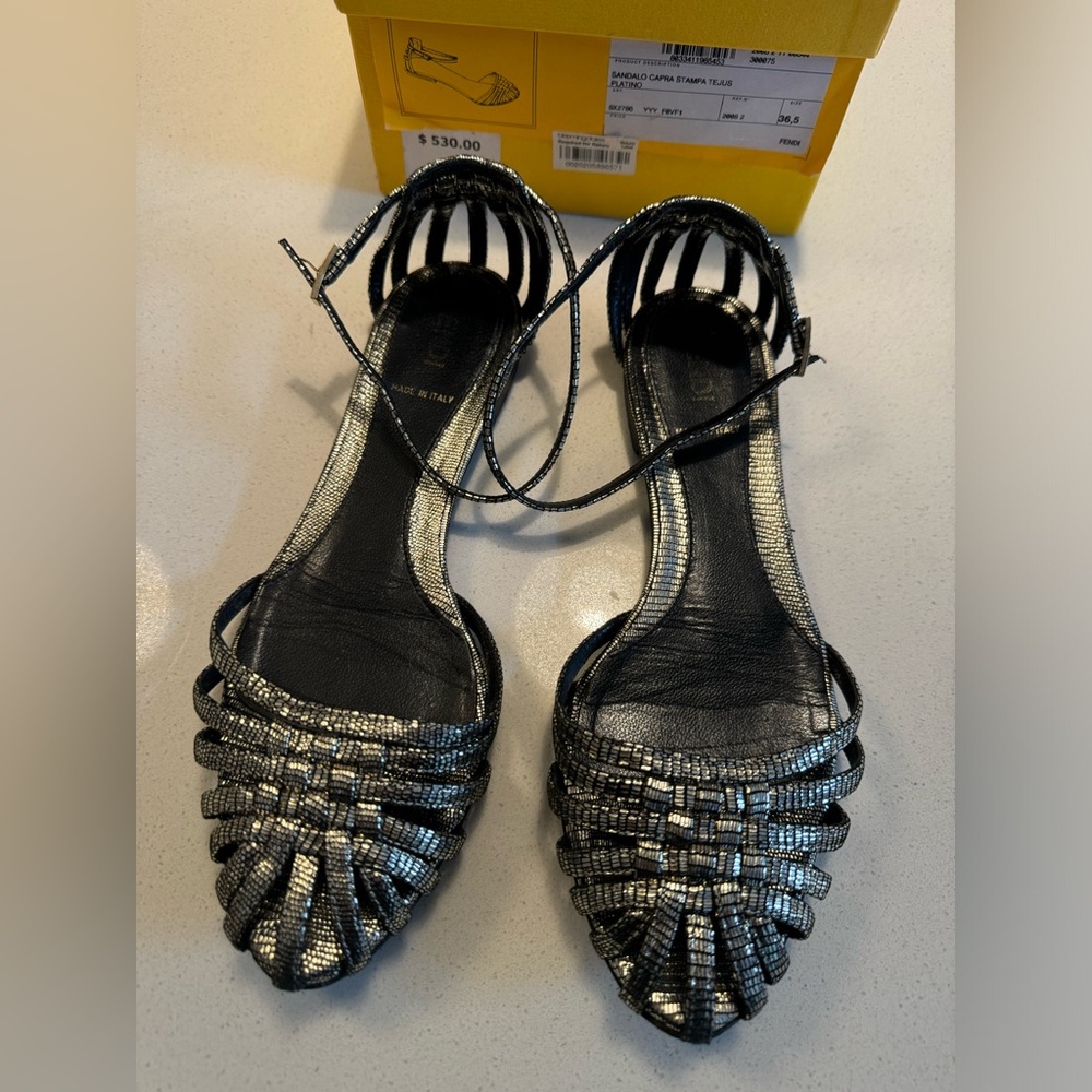 FENDI black metallic leather flat sandals size 36.5
